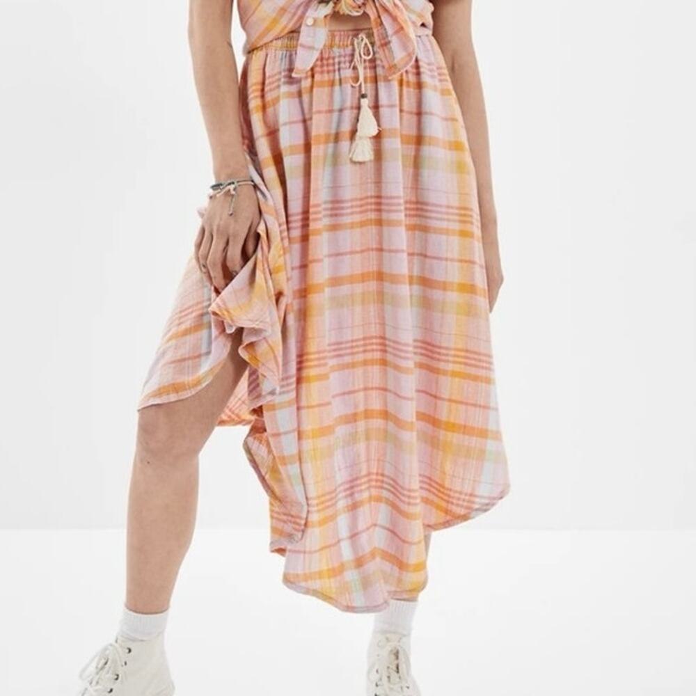 American Eagle Plaid Linen Blend Pull-On Midi Skirt Women’s Medium Orange 4387